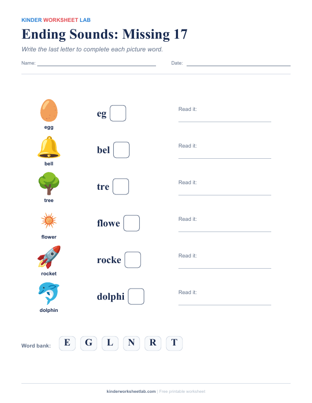 Ending Sounds: Missing 17 worksheet preview