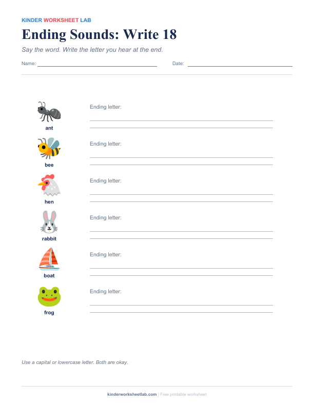 Ending Sounds: Write 18 worksheet preview
