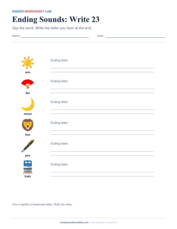 Ending Sounds: Write 23 worksheet preview