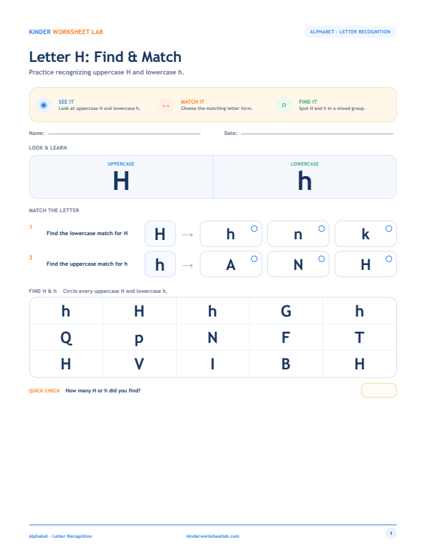 Letter H: Find & Match worksheet preview
