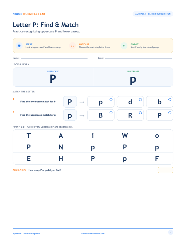 Letter P: Find & Match worksheet preview