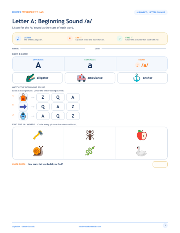 Letter A: Beginning Sound /a/ worksheet preview