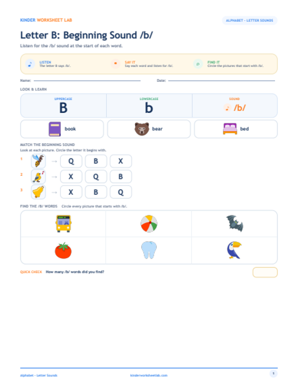 Letter B: Beginning Sound /b/ worksheet preview