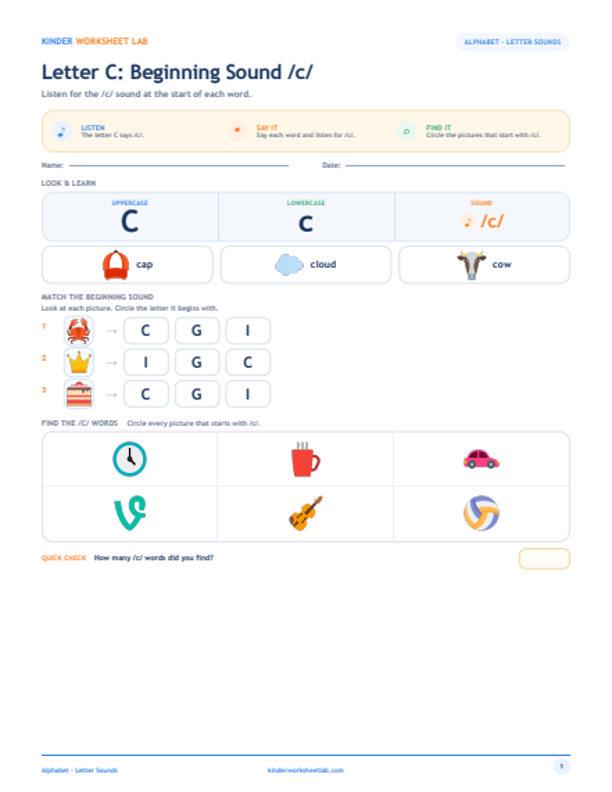 Letter C: Beginning Sound /c/ worksheet preview