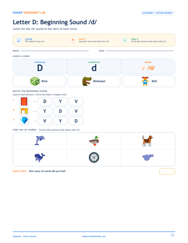 Letter D: Beginning Sound /d/ worksheet preview