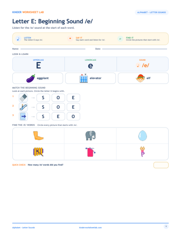Letter E: Beginning Sound /e/ worksheet preview