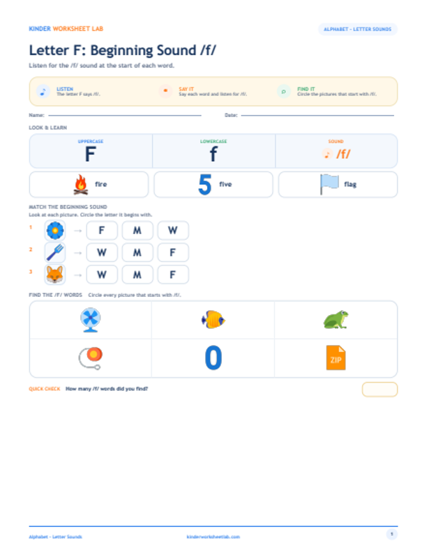 Letter F: Beginning Sound /f/ worksheet preview