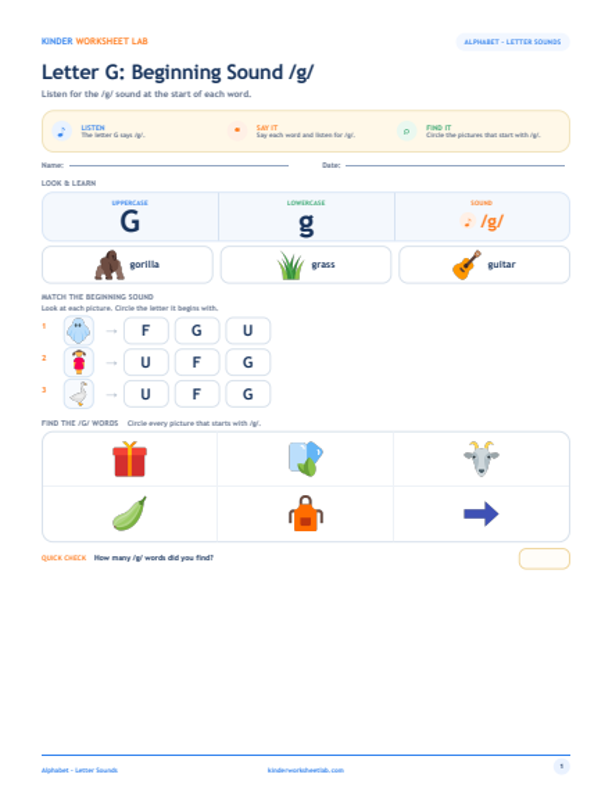 Letter G: Beginning Sound /g/ worksheet preview