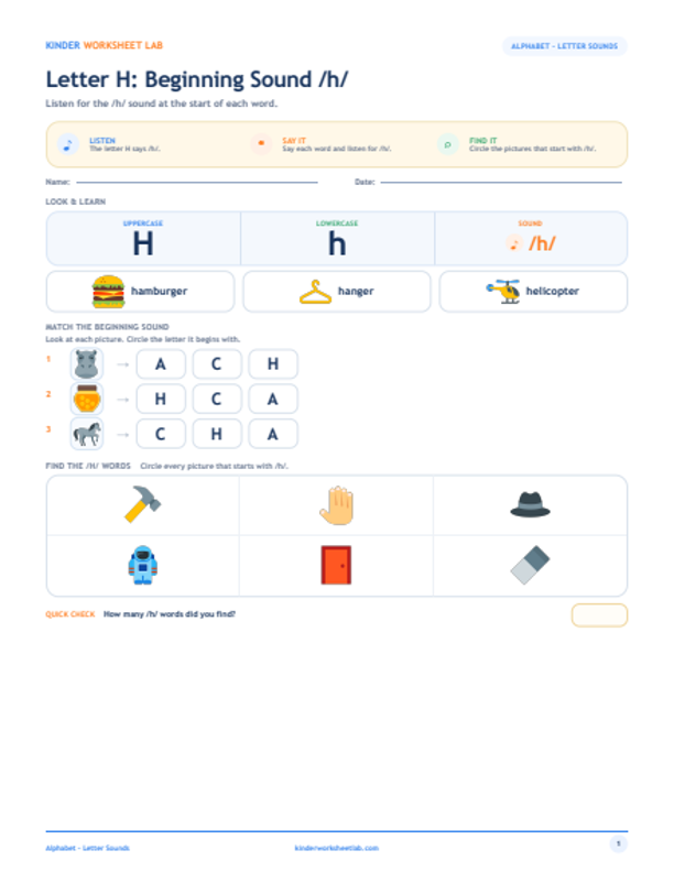 Letter H: Beginning Sound /h/ worksheet preview