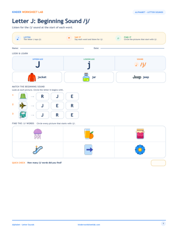 Letter J: Beginning Sound /j/ worksheet preview