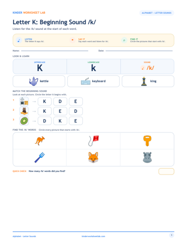 Letter K: Beginning Sound /k/ worksheet preview