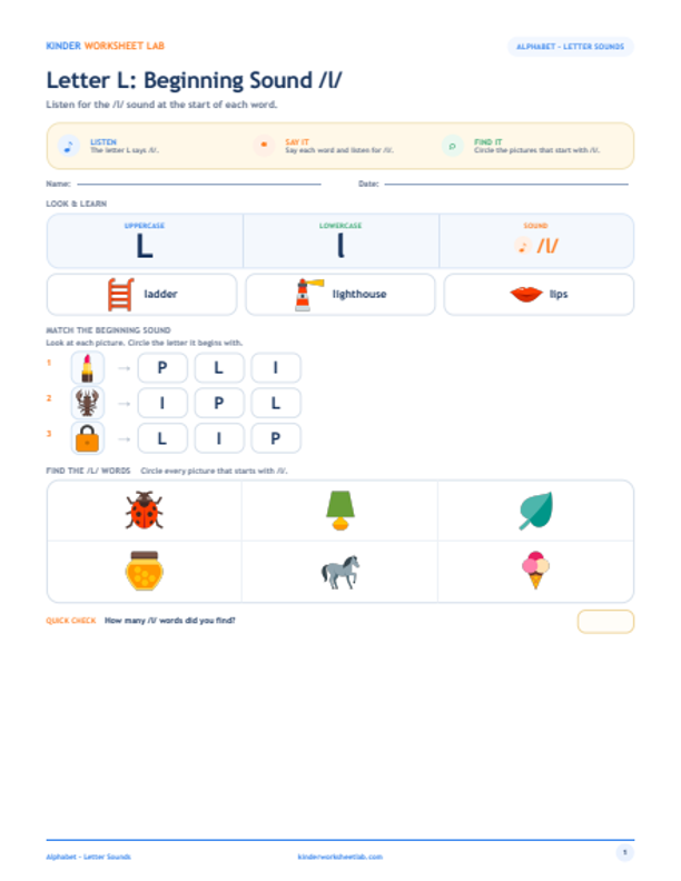 Letter L: Beginning Sound /l/ worksheet preview