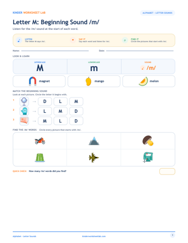 Letter M: Beginning Sound /m/ worksheet preview