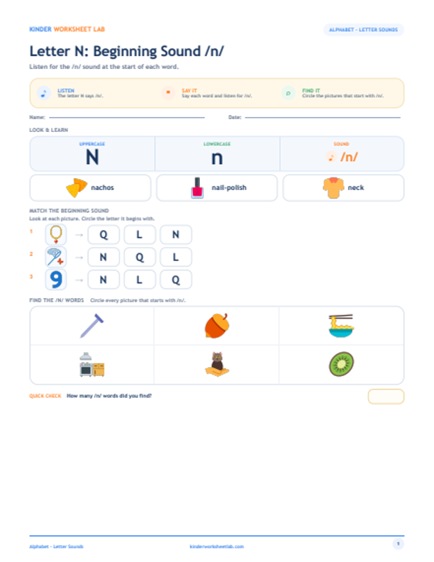 Letter N: Beginning Sound /n/ worksheet preview