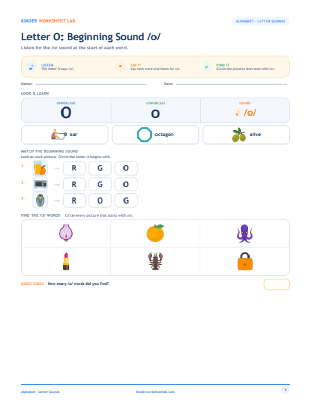 Letter O: Beginning Sound /o/ worksheet preview