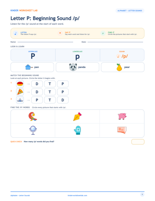 Letter P: Beginning Sound /p/ worksheet preview