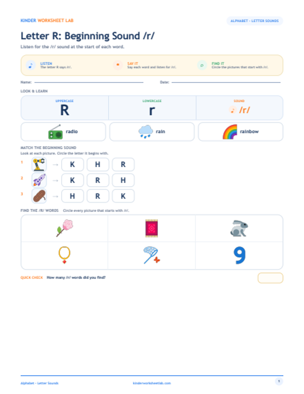 Letter R: Beginning Sound /r/ worksheet preview