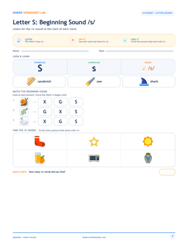 Letter S: Beginning Sound /s/ worksheet preview