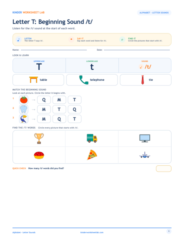 Letter T: Beginning Sound /t/ worksheet preview