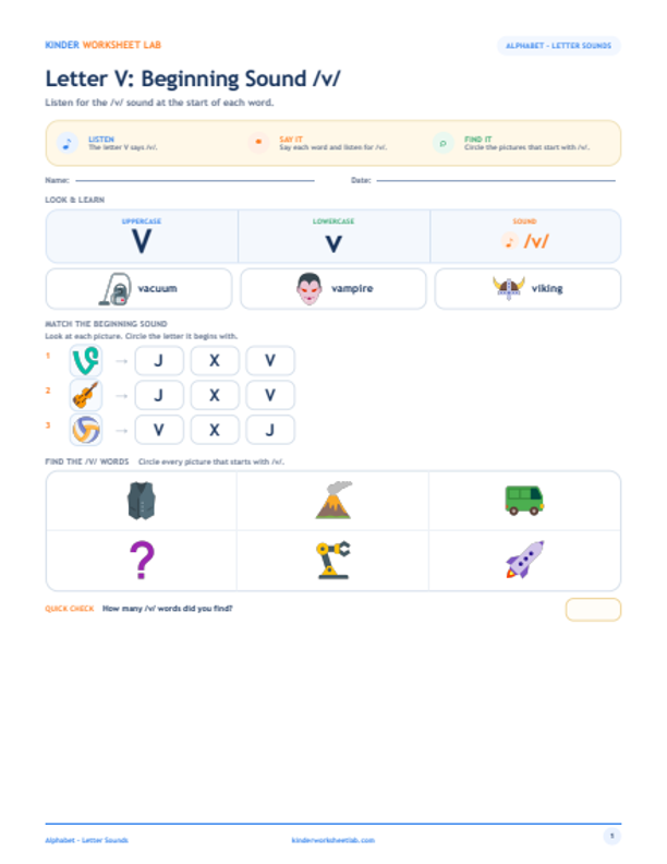 Letter V: Beginning Sound /v/ worksheet preview