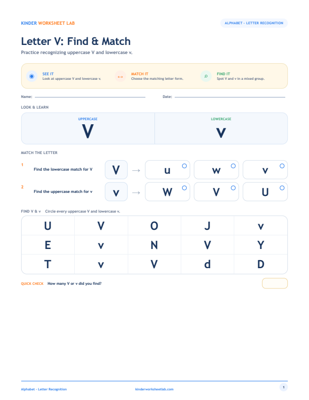 Letter V: Find & Match worksheet preview