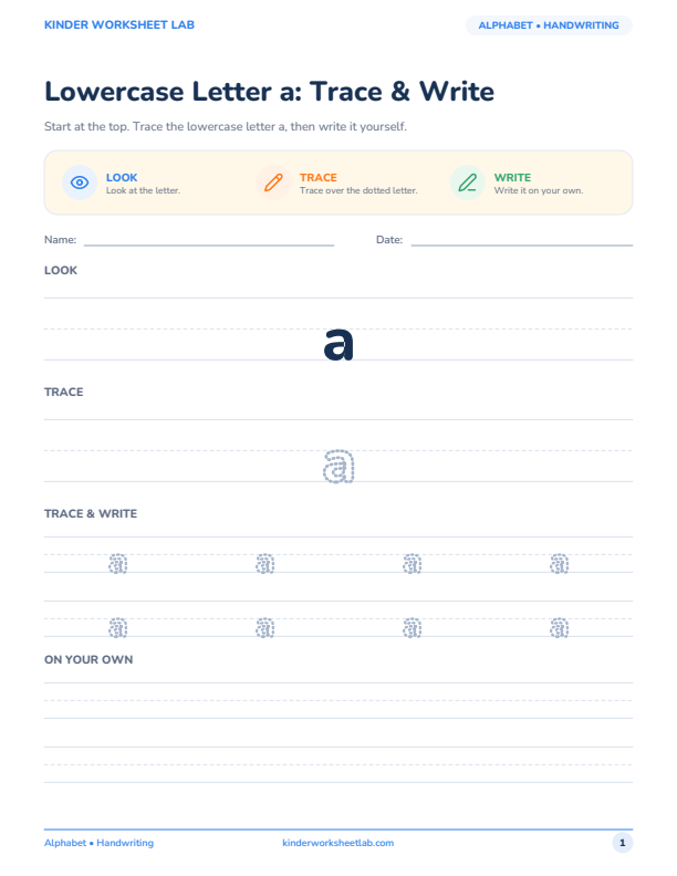 Lowercase Letter a: Trace & Write worksheet preview