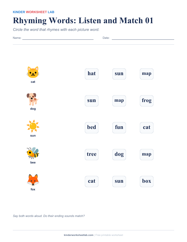 Rhyming Words: Listen and Match 01 worksheet preview