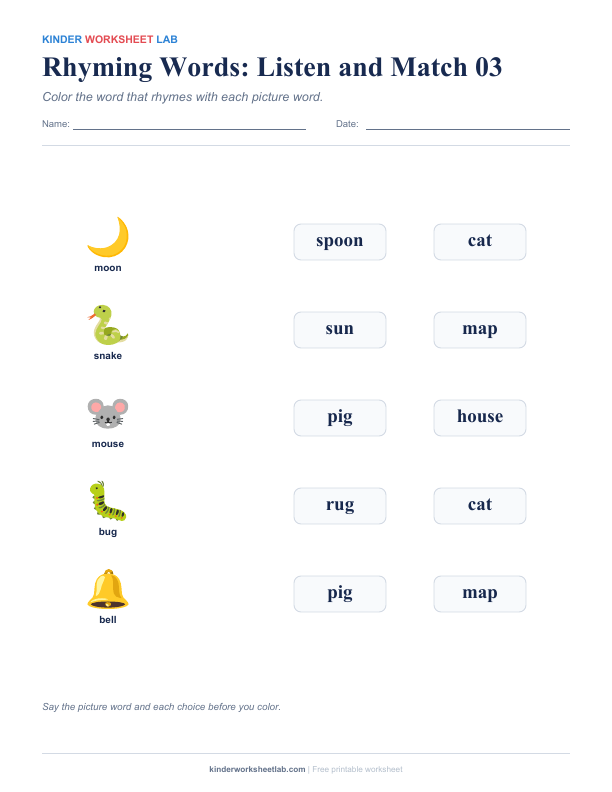 Rhyming Words: Listen and Match 03 worksheet preview