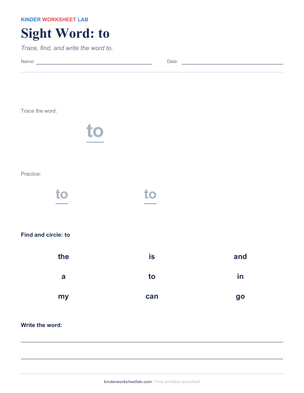 Sight Word: to worksheet preview