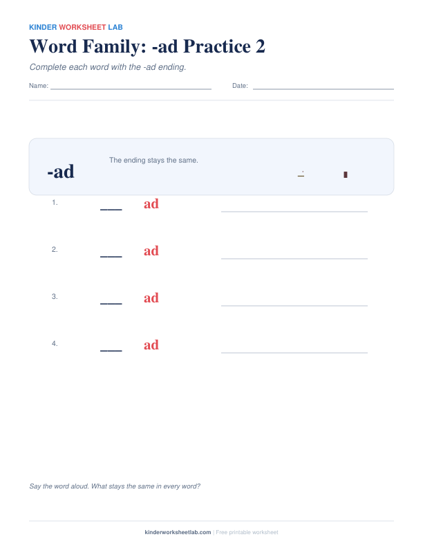 Word Family: -ad Practice 2 worksheet preview
