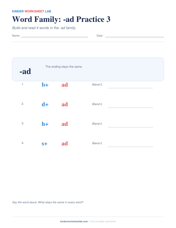Word Family: -ad Practice 3 worksheet preview