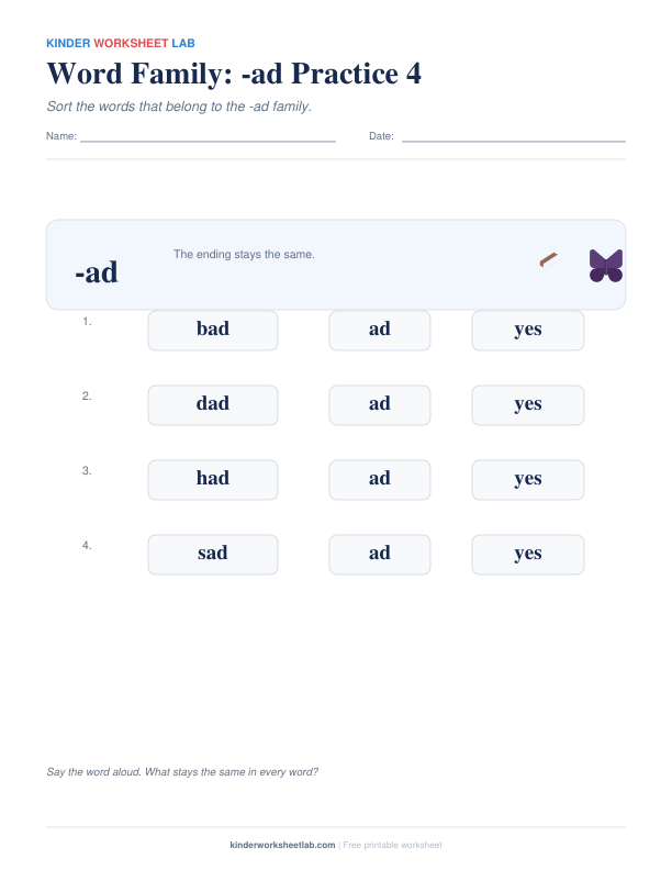 Word Family: -ad Practice 4 worksheet preview