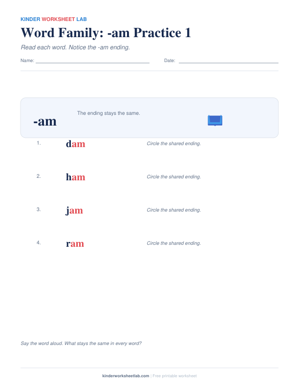 Word Family: -am Practice 1 worksheet preview