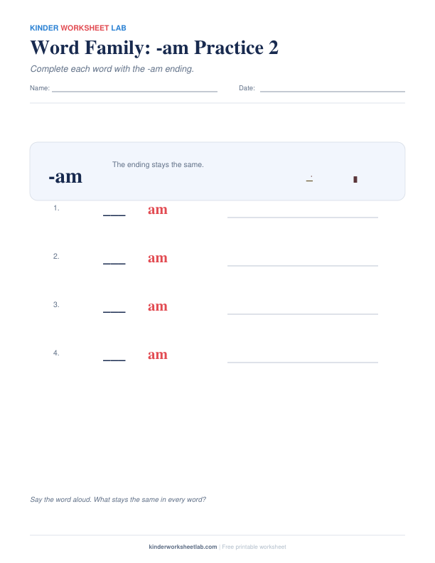 Word Family: -am Practice 2 worksheet preview