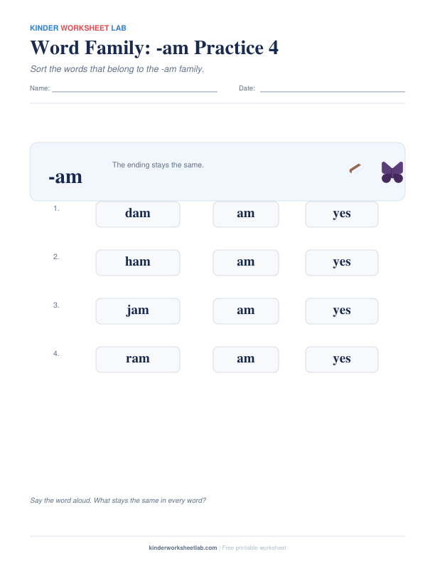 Word Family: -am Practice 4 worksheet preview