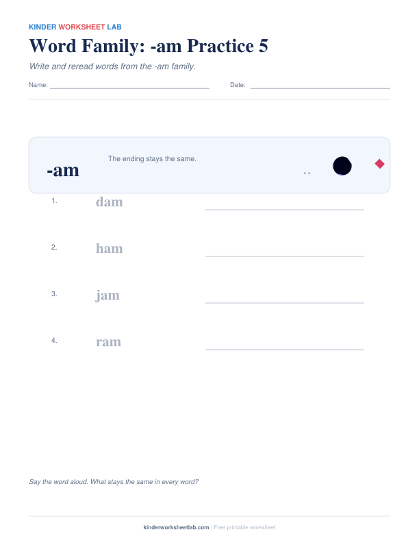 Word Family: -am Practice 5 worksheet preview