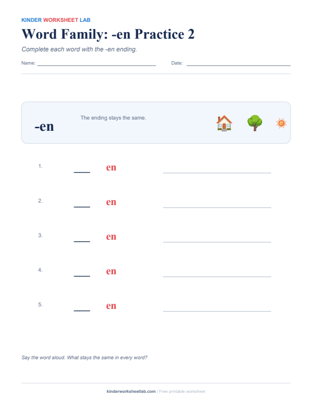 Word Family: -en Practice 2 worksheet preview