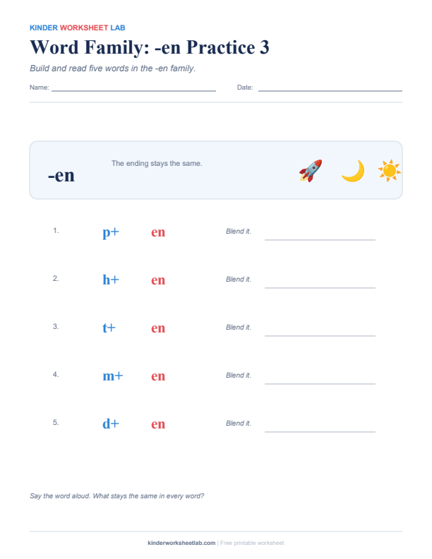 Word Family: -en Practice 3 worksheet preview