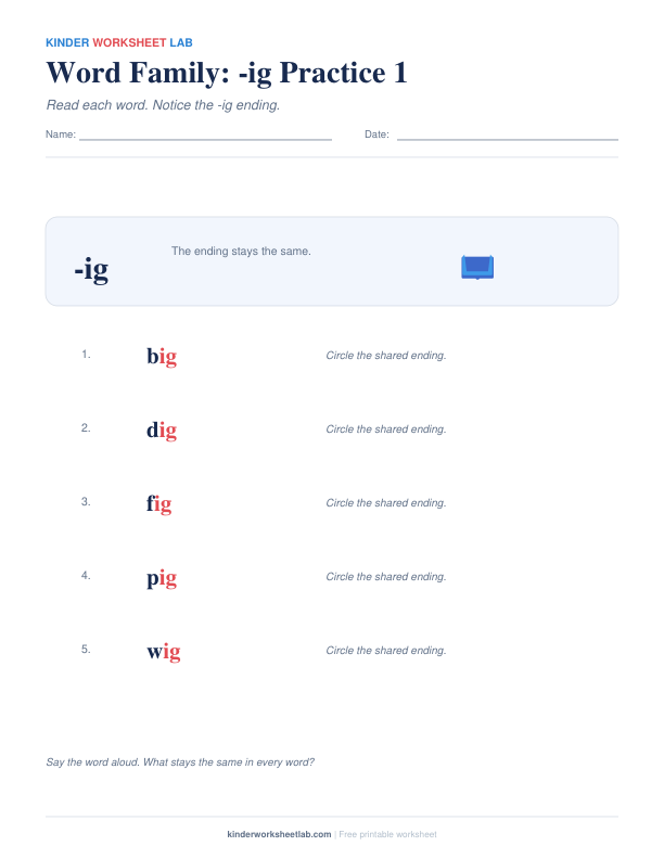 Word Family: -ig Practice 1 worksheet preview