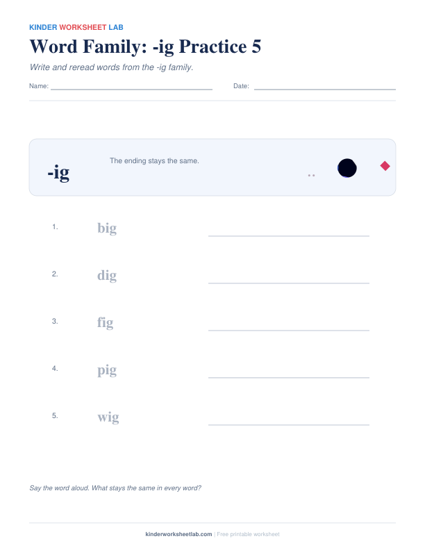 Word Family: -ig Practice 5 worksheet preview