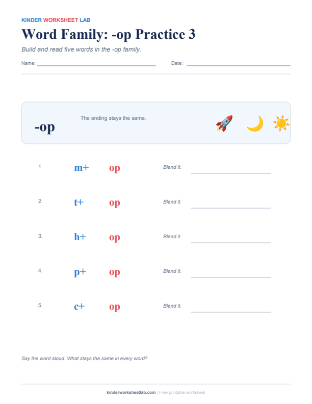 Word Family: -op Practice 3 worksheet preview