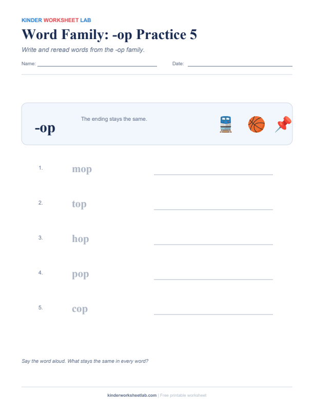 Word Family: -op Practice 5 worksheet preview