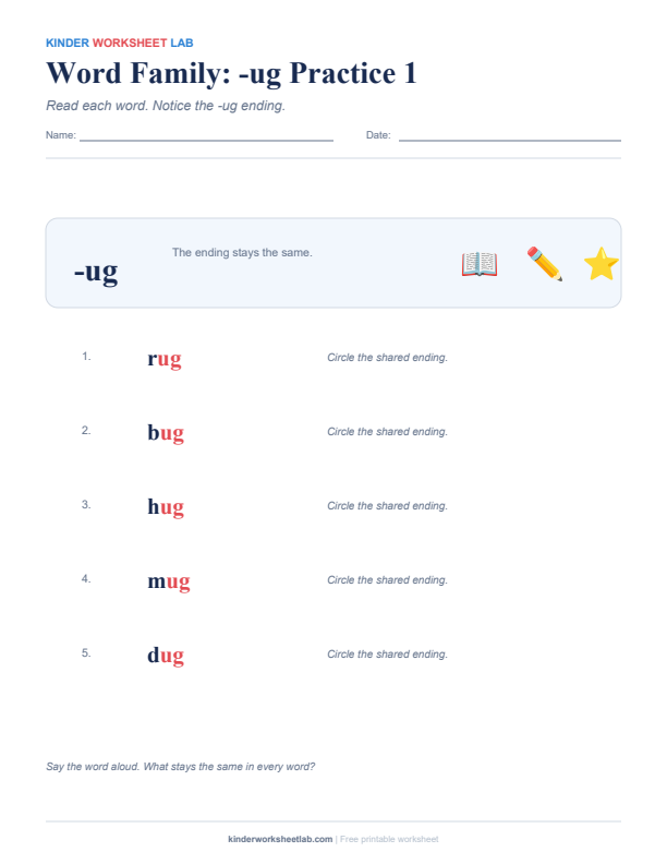 Word Family: -ug Practice 1 worksheet preview