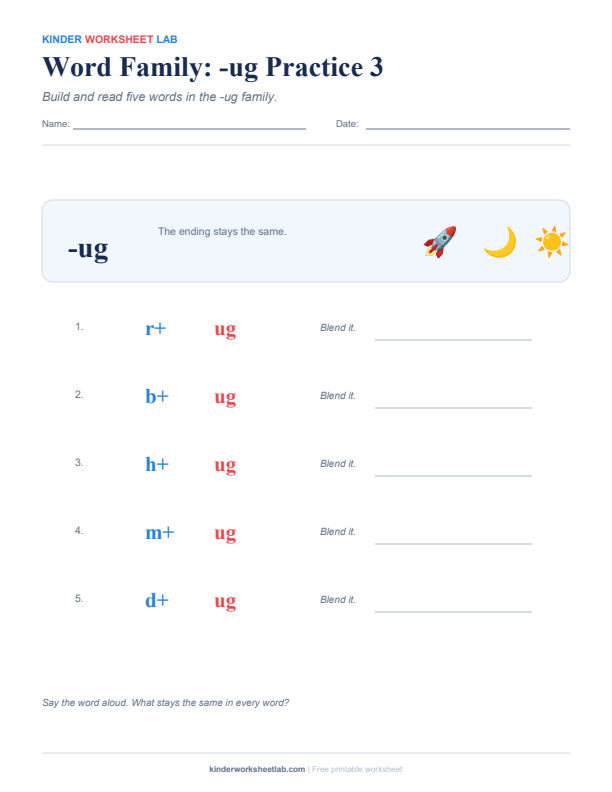 Word Family: -ug Practice 3 worksheet preview