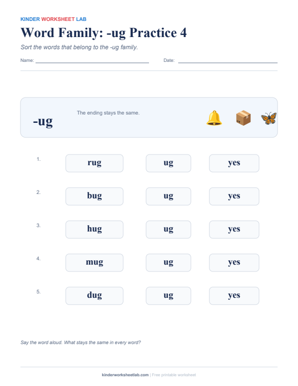 Word Family: -ug Practice 4 worksheet preview