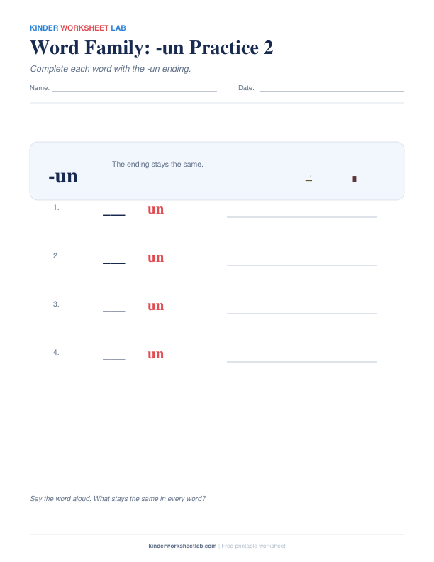Word Family: -un Practice 2 worksheet preview