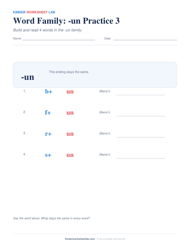 Word Family: -un Practice 3 worksheet preview