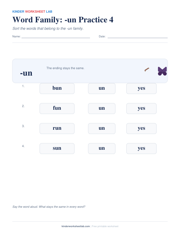 Word Family: -un Practice 4 worksheet preview