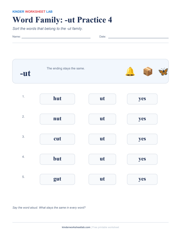 Word Family: -ut Practice 4 worksheet preview