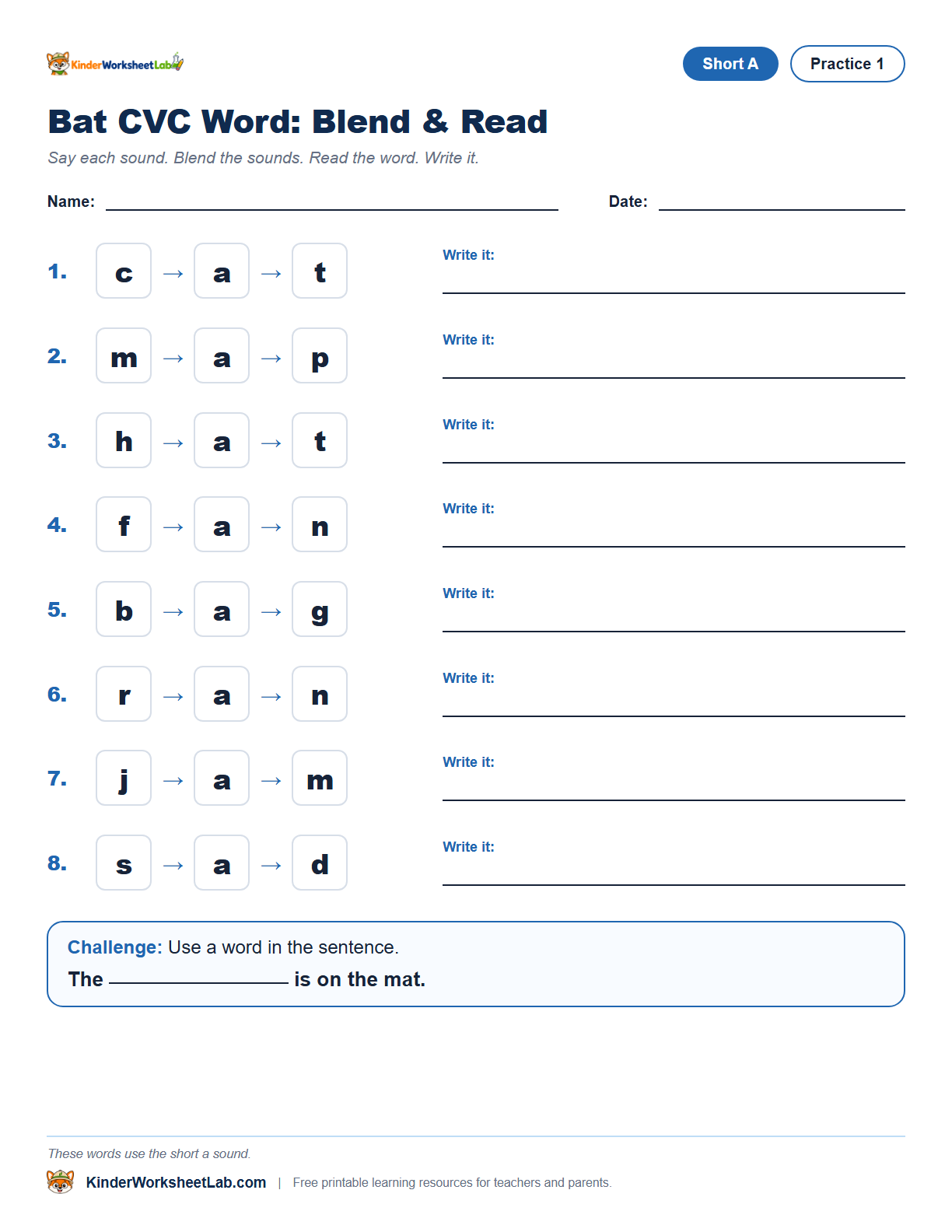 Missing Letters — Bat CVC Worksheet preview